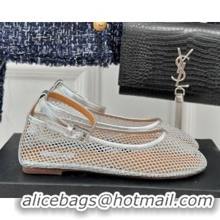 Top Grade Alaia Ballet Flats in Fishnet and Ankle Strap Silver-Tone 1112005