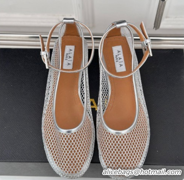 Top Grade Alaia Ballet Flats in Fishnet and Ankle Strap Silver-Tone 1112005