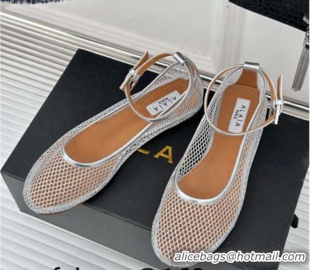 Top Grade Alaia Ballet Flats in Fishnet and Ankle Strap Silver-Tone 1112005