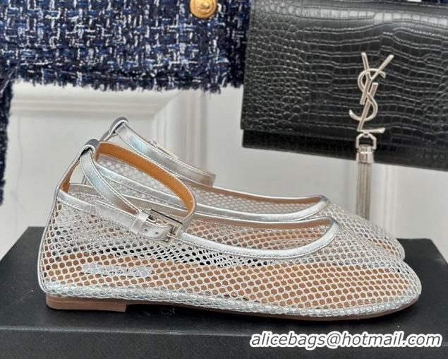 Top Grade Alaia Ballet Flats in Fishnet and Ankle Strap Silver-Tone 1112005