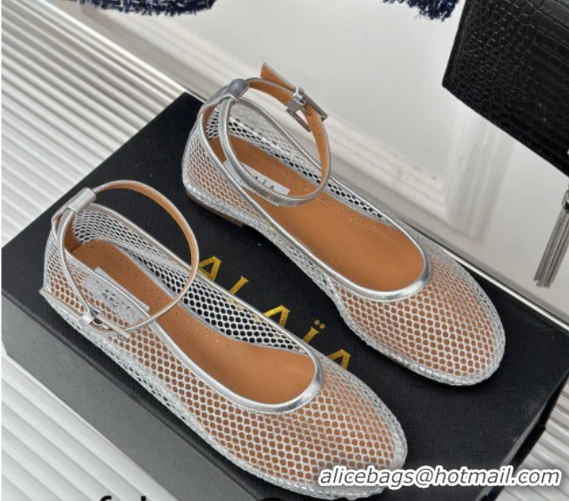 Top Grade Alaia Ballet Flats in Fishnet and Ankle Strap Silver-Tone 1112005