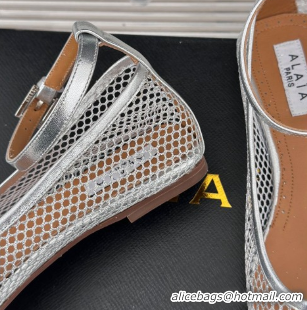 Top Grade Alaia Ballet Flats in Fishnet and Ankle Strap Silver-Tone 1112005