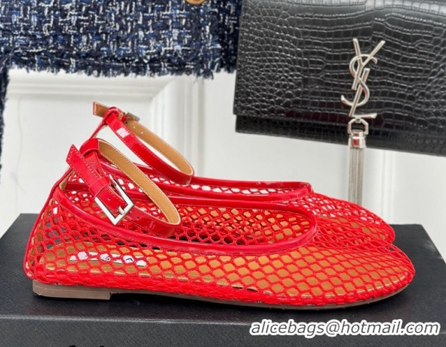 Good Quality Alaia Ballet Flats in Fishnet and Ankle Strap Red 1112008