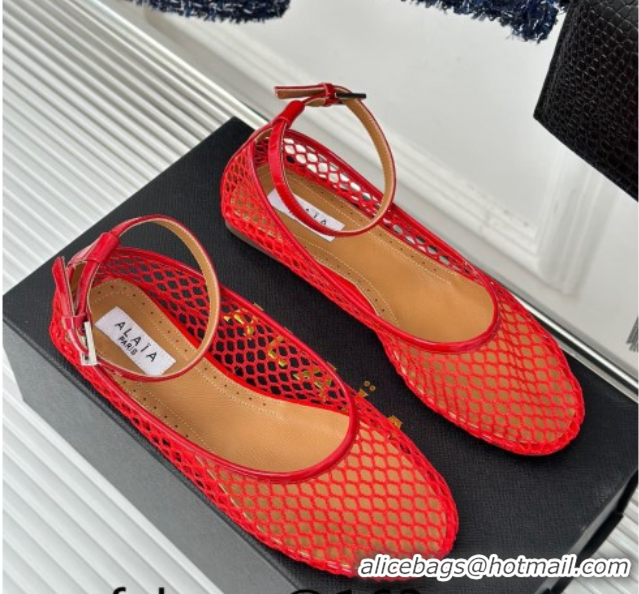Good Quality Alaia Ballet Flats in Fishnet and Ankle Strap Red 1112008