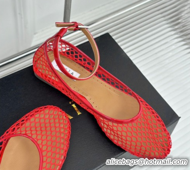 Good Quality Alaia Ballet Flats in Fishnet and Ankle Strap Red 1112008