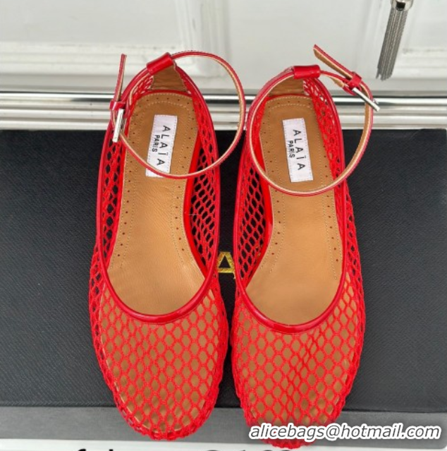 Good Quality Alaia Ballet Flats in Fishnet and Ankle Strap Red 1112008