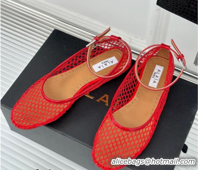Good Quality Alaia Ballet Flats in Fishnet and Ankle Strap Red 1112008