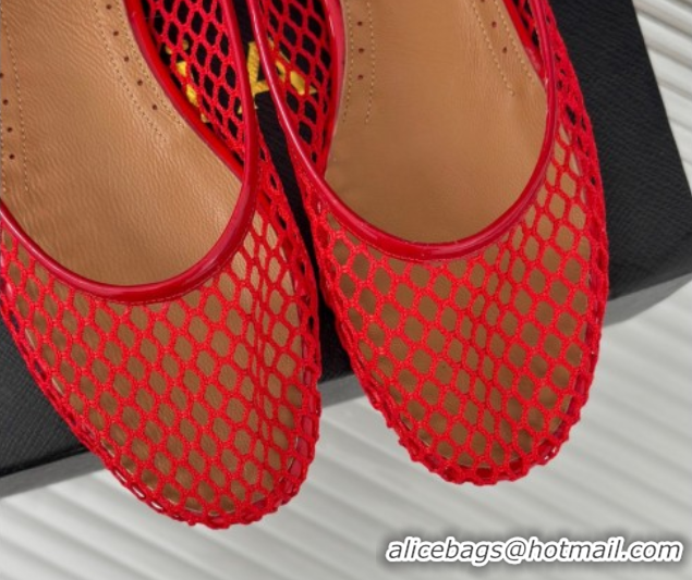 Good Quality Alaia Ballet Flats in Fishnet and Ankle Strap Red 1112008
