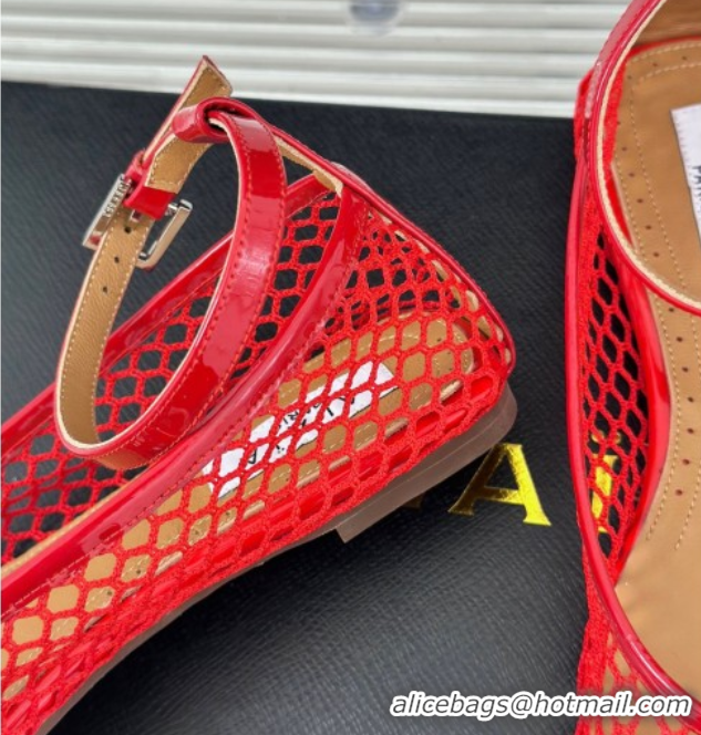 Good Quality Alaia Ballet Flats in Fishnet and Ankle Strap Red 1112008