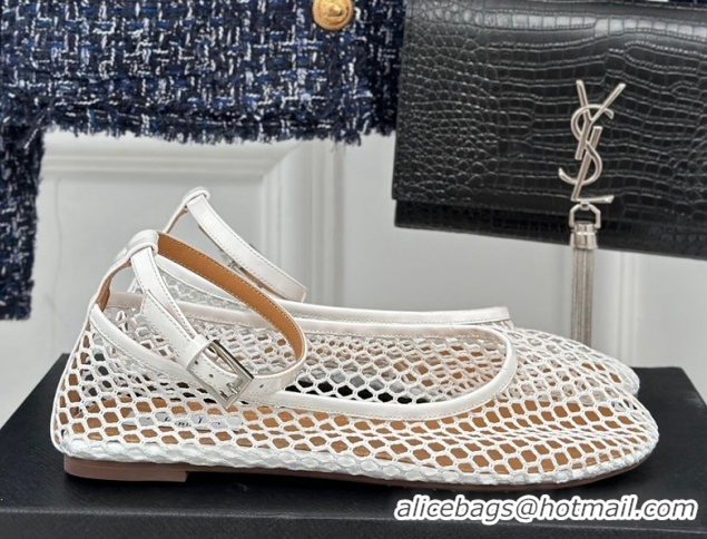 Best Grade Alaia Ballet Flats in Fishnet and Ankle Strap White 1112009