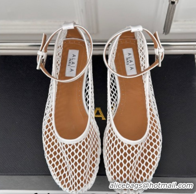 Best Grade Alaia Ballet Flats in Fishnet and Ankle Strap White 1112009