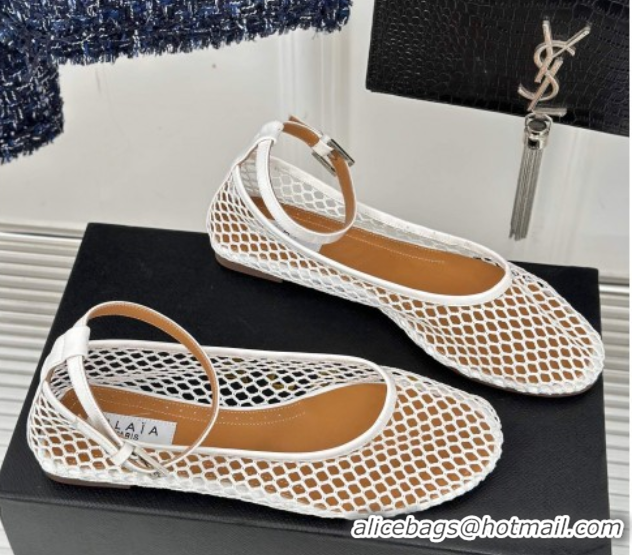 Best Grade Alaia Ballet Flats in Fishnet and Ankle Strap White 1112009