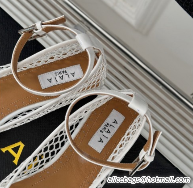 Best Grade Alaia Ballet Flats in Fishnet and Ankle Strap White 1112009