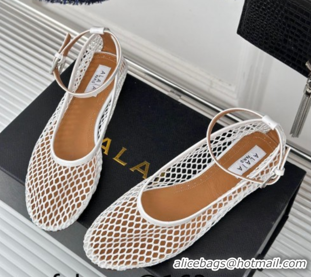 Best Grade Alaia Ballet Flats in Fishnet and Ankle Strap White 1112009