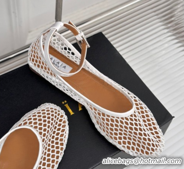 Best Grade Alaia Ballet Flats in Fishnet and Ankle Strap White 1112009