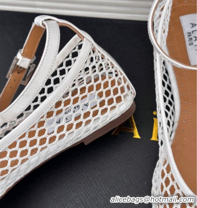 Best Grade Alaia Ballet Flats in Fishnet and Ankle Strap White 1112009