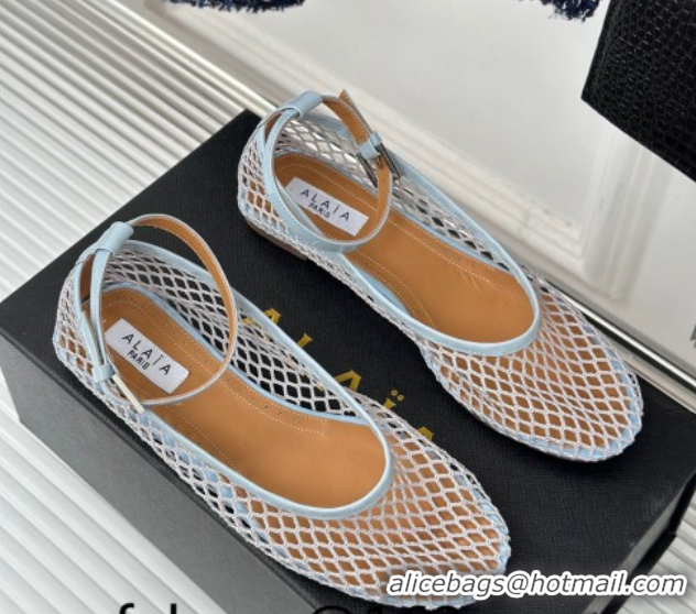 Charming Alaia Ballet Flats in Fishnet and Ankle Strap Light Blue 1112010