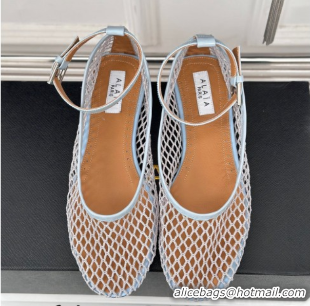 Charming Alaia Ballet Flats in Fishnet and Ankle Strap Light Blue 1112010