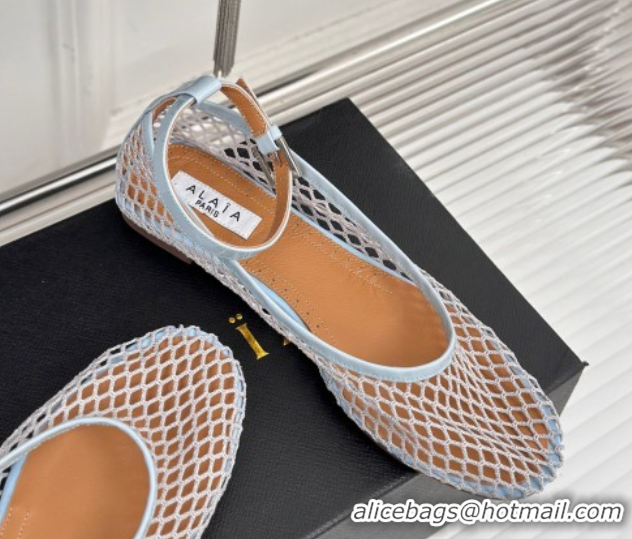 Charming Alaia Ballet Flats in Fishnet and Ankle Strap Light Blue 1112010