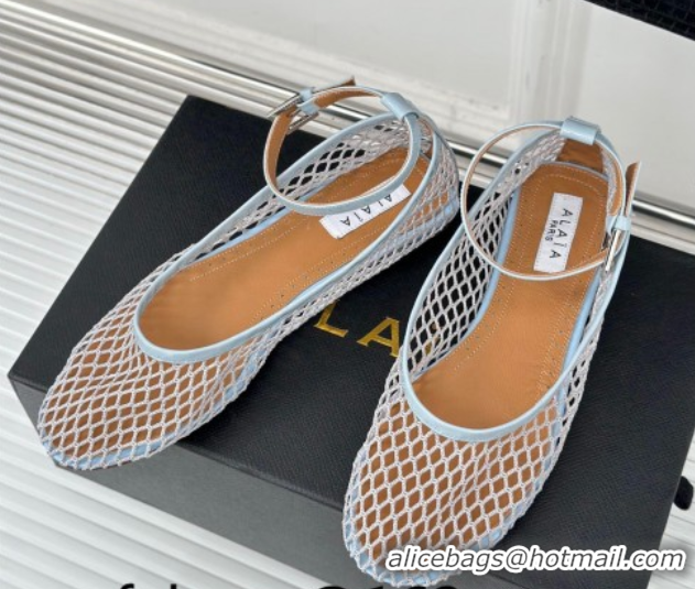 Charming Alaia Ballet Flats in Fishnet and Ankle Strap Light Blue 1112010