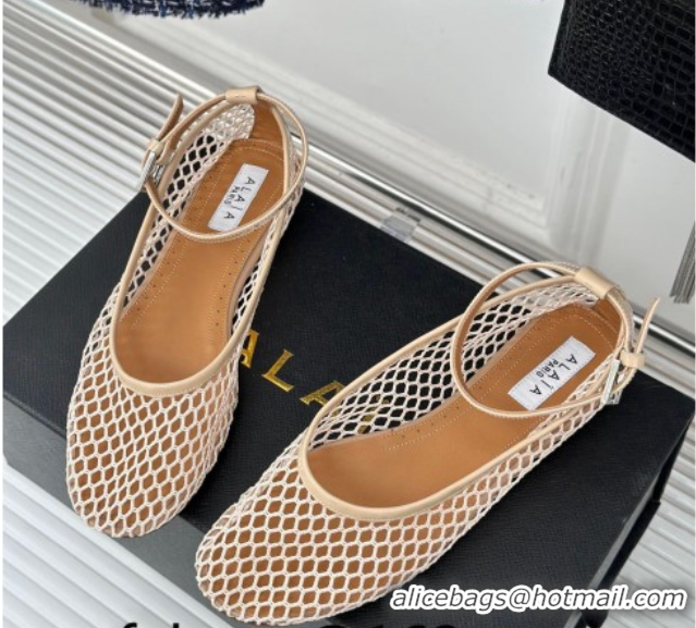 Perfect Alaia Ballet Flats in Fishnet and Ankle Strap Beige 1112011