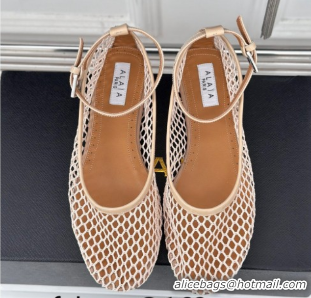Perfect Alaia Ballet Flats in Fishnet and Ankle Strap Beige 1112011