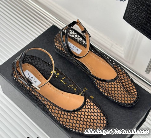Best Product Alaia Ballet Flats in Fishnet and Ankle Strap Black 1112012
