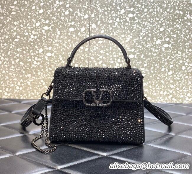 Best Price Valentino Mini VSling Handbag with Sparkling Strass Embroidery 0097 Black 2025