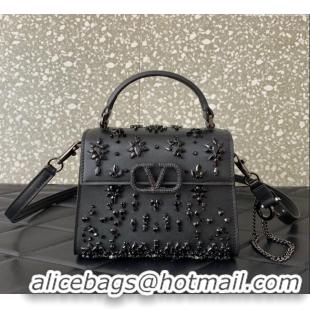 Big Discount Valentino VSLING Mini Embroidered Bag with set-in strass appliques 0063 Black 2025