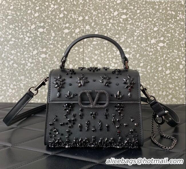 Big Discount Valentino VSLING Mini Embroidered Bag with set-in strass appliques 0063 Black 2025