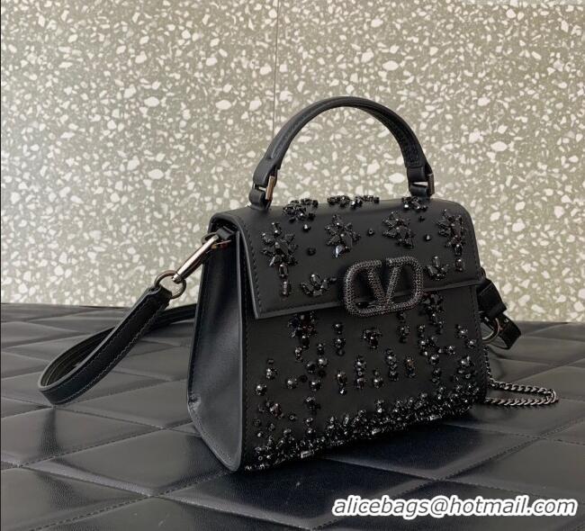 Big Discount Valentino VSLING Mini Embroidered Bag with set-in strass appliques 0063 Black 2025
