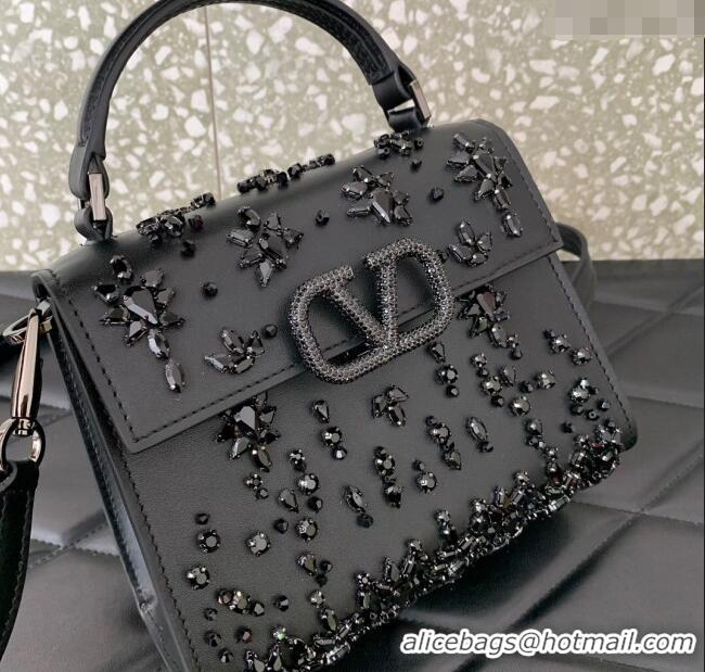 Big Discount Valentino VSLING Mini Embroidered Bag with set-in strass appliques 0063 Black 2025