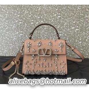 Top Quality Valentino VSLING Mini Embroidered Bag with set-in strass appliques 0063 Light Pink 2025