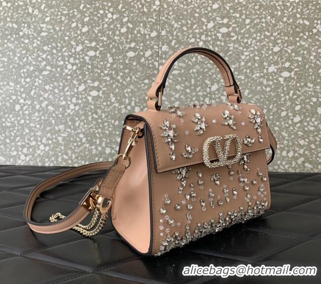 Top Quality Valentino VSLING Mini Embroidered Bag with set-in strass appliques 0063 Light Pink 2025