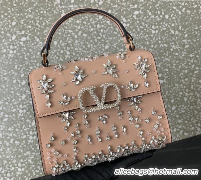 Top Quality Valentino VSLING Mini Embroidered Bag with set-in strass appliques 0063 Light Pink 2025
