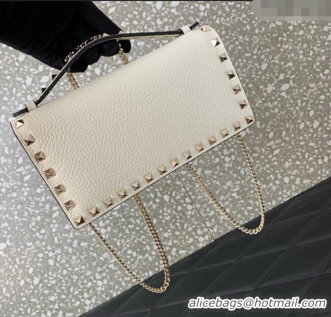 Pretty Style Valentino Rockstud Wallet with Chain in Grainy Calfskin VLTN098 White 2025