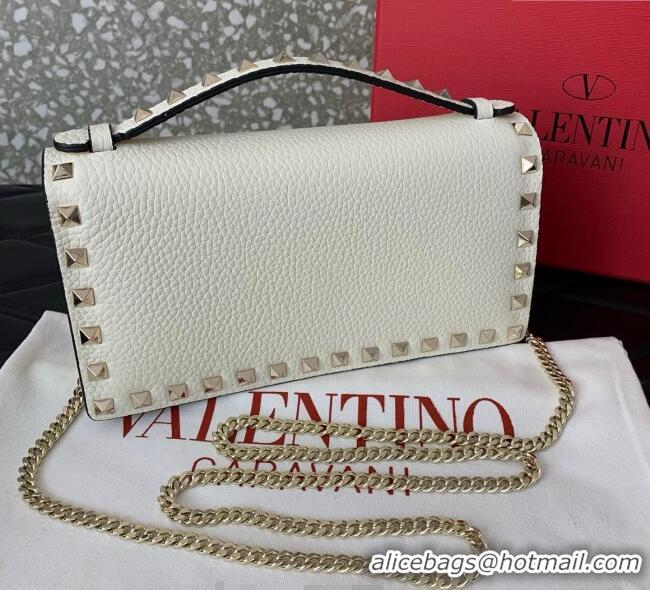 Pretty Style Valentino Rockstud Wallet with Chain in Grainy Calfskin VLTN098 White 2025
