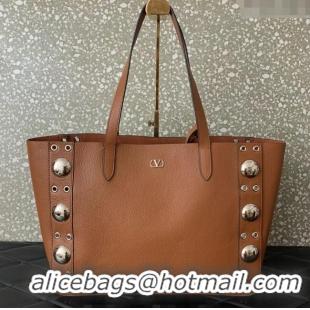 Super Quality Valentino Medium Nellcote Shopping Bag in Grainy Calfskin with Ball Studs 0076 Brown 2025