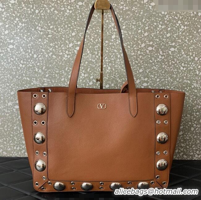 Super Quality Valentino Medium Nellcote Shopping Bag in Grainy Calfskin with Ball Studs 0076 Brown 2025