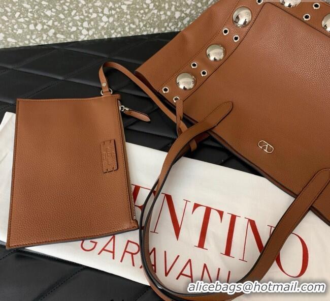 Super Quality Valentino Medium Nellcote Shopping Bag in Grainy Calfskin with Ball Studs 0076 Brown 2025