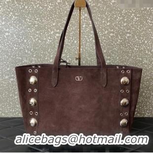 Famous Brand Valentino Medium Nellcote Shopping Bag in Suede with Ball Studs 0076 Dark Brown 2025