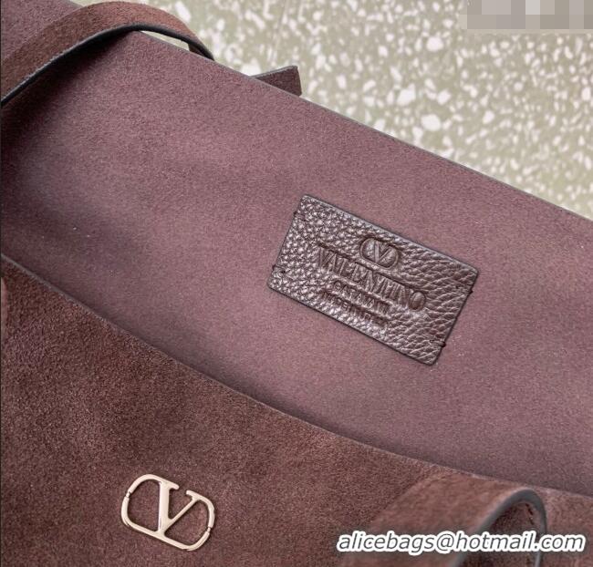 Famous Brand Valentino Medium Nellcote Shopping Bag in Suede with Ball Studs 0076 Dark Brown 2025