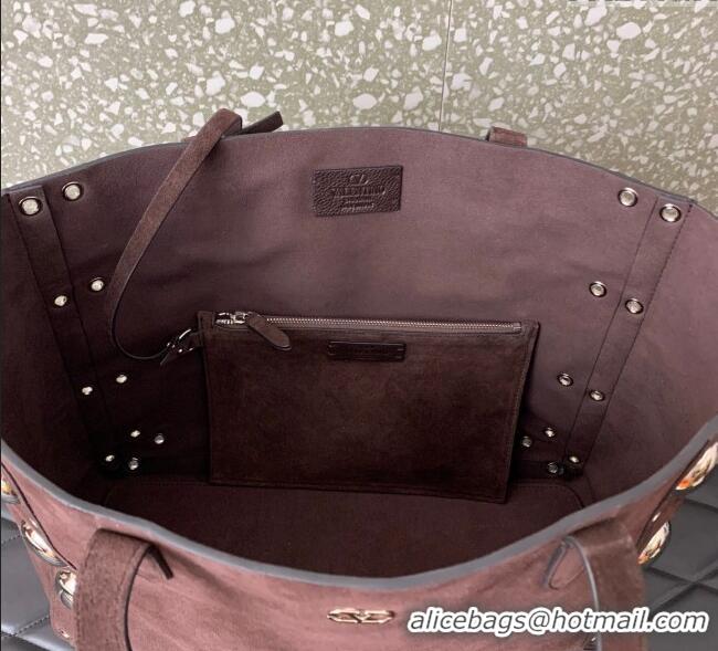 Famous Brand Valentino Medium Nellcote Shopping Bag in Suede with Ball Studs 0076 Dark Brown 2025