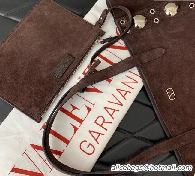Famous Brand Valentino Medium Nellcote Shopping Bag in Suede with Ball Studs 0076 Dark Brown 2025
