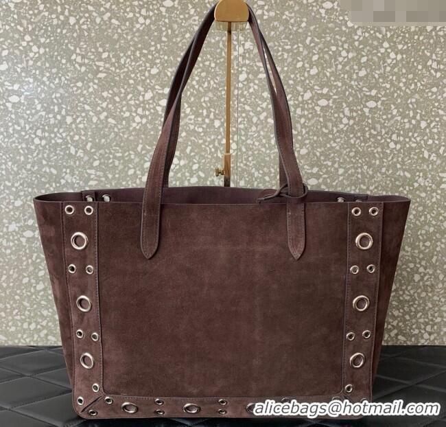 Famous Brand Valentino Medium Nellcote Shopping Bag in Suede with Ball Studs 0076 Dark Brown 2025