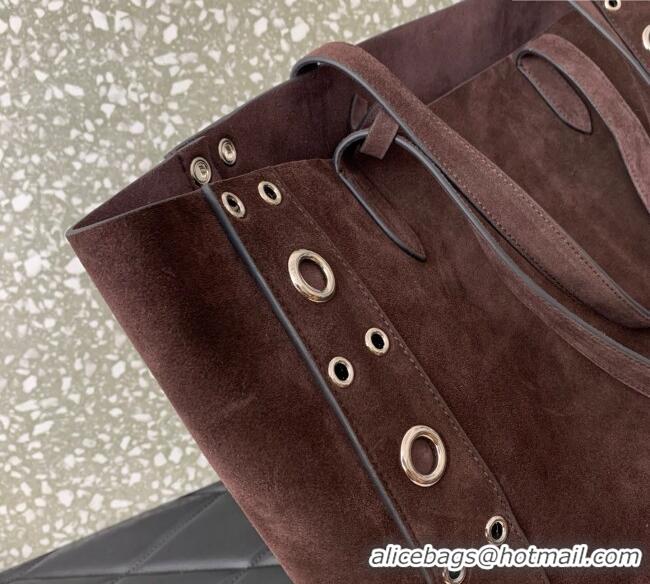 Famous Brand Valentino Medium Nellcote Shopping Bag in Suede with Ball Studs 0076 Dark Brown 2025