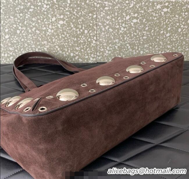 Famous Brand Valentino Medium Nellcote Shopping Bag in Suede with Ball Studs 0076 Dark Brown 2025