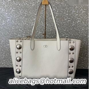 Well Crafted Valentino Medium Nellcote Shopping Bag in Grainy Calfskin with Ball Studs 0076 White 2025