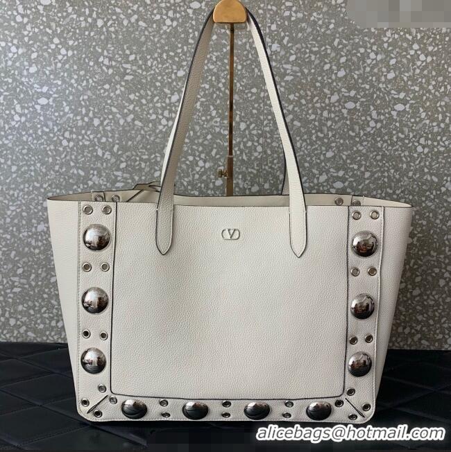 Well Crafted Valentino Medium Nellcote Shopping Bag in Grainy Calfskin with Ball Studs 0076 White 2025