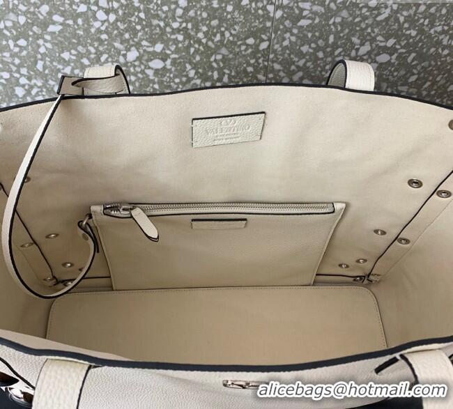 Well Crafted Valentino Medium Nellcote Shopping Bag in Grainy Calfskin with Ball Studs 0076 White 2025